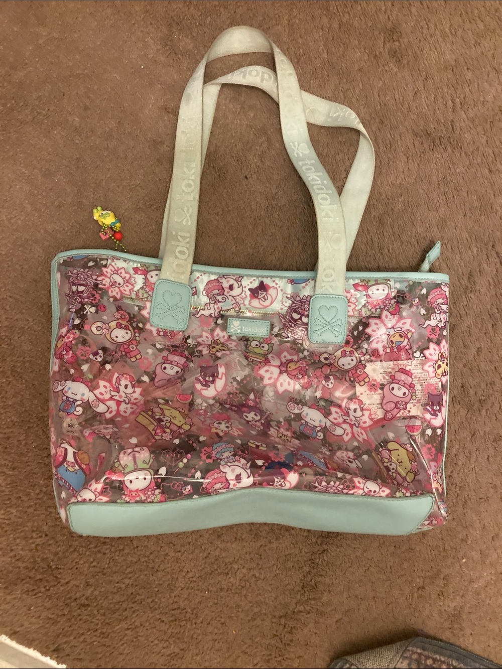 tokidoki Pink Character Print Clear Tote with Light Blue Trim